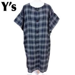 【美品】ワイズ Y's 半袖 シャツ ワンピース 袖折り可 1 チェック 紺×白