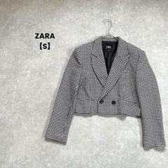 a718＊ZARA ショートジャケット　モノクロ【S】千鳥柄　個性派　肩パッド