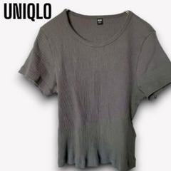 ユニクロ【L】カットソー 半袖 リブ 綿混 ストレッチ グレー f603