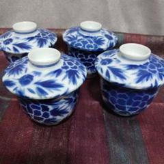 深川製磁器 青と白の花柄 蓋付き茶碗蒸椀 碗 4個セット 牡丹