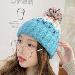 ニット帽子　男女兼用　可愛い　柄　オシャレ　メンズレディース　水色