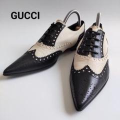 美品 グッチ ポインテッドトゥ レースアップ フラット シューズ ウィングチップ