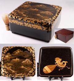 【MA698】加賀蒔絵 饅羹重 楼閣山水楽器唐草 金蒔絵 木製 饅頭箱 菓子器 MA698】加賀蒔絵 饅羹重 楼閣山水楽器唐草 金蒔絵 木製 饅頭箱