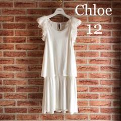 超美品 クロエキッズ 6Y 115 フリルドレス ワンピース 白 クロエ 110 Chloe クロエ ワンピース フレンチスリーブ クルーネック ロゴ