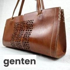 genten カットワーク バケッタ レザー 肩掛け トートバッグ 横長