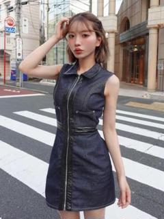 Darich レザーコンビノースリデニムミニワンピース IND FREE ダーリッチ Darich ノースリデニムフレアミニワンピース