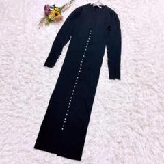 【ザラ】リブニット　ロングワンピース　Ⅴネック　伸縮性　パール　ブラック　Ｓ
