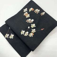 アンティーク 名古屋帯 正絹 黒地 地紙に花 九寸 着物 着付け HO