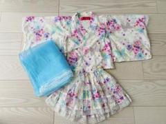 美品 小紋 水色 桜花 簪 かんざし 身丈161.0cm 裄丈65.5cm 正絹