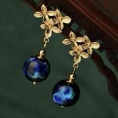 高貴✨七宝焼 ヴィンテージ ゴールドピアス 青 ブルー フラワー 天然石