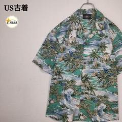 アロハシャツ　ハワイアン柄　US古着　ヴィンテージ　アート　緑　グリーン　L