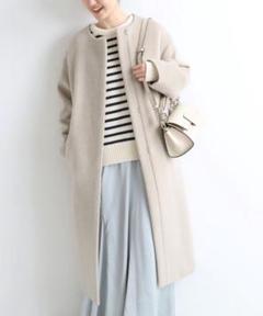 【美品】イエナ ラムウールノーカラーコクーンコート 日本製 ミドル丈 S相当 セール】ラムウールノーカラーロングコート◇（ノーカラーコート