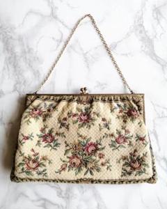美品✨ヴィンテージ✨西ドイツ製 花柄 コブラン織り がま口 ハンドバッグ 美品✨ヴィンテージ✨西ドイツ製 花柄 コブラン織り がま口