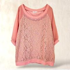 【アクシーズファム】五分袖トップス　M　ピンク　プルオーバー　レース　シアー袖