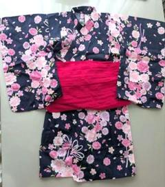 キッズ浴衣 紺地　ピンク花柄104cm　3〜4歳