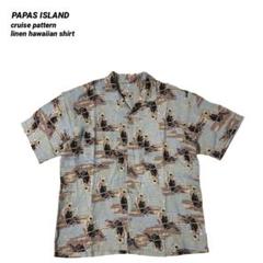 希少柄 PAPAS ISLAND クルーズ柄 リネン ハワイアンシャツ L