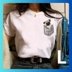 レディース Tシャツ 半袖 ポケット 犬 パグ L 犬好き ホワイト　白
