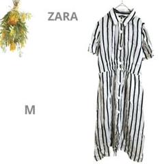 【ザラ ZARA】麻 リネン シャツ ロングワンピース ストライプ M 白