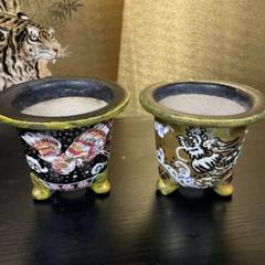 古い楽焼万年青用錦鉢2個セット 富貴蘭鉢 おもと鉢 蘭鉢