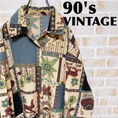 【激レア!!】総柄シャツ♧絵画風アート柄 開襟シャツ ポリシャツ 90s