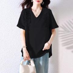 シンプル オシャレ Vネック Tシャツ フラワーパターンフリル 切り替 新品