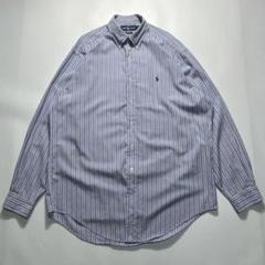 90s ラルフローレン ストライプ 長袖BDシャツ L 青系ワンポイント6772