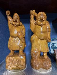 古美術品　極上和彫刻　恵比寿大黒二体　白材彫刻　コレクション 古い木彫像 恵比寿・大黒像ペア (高さ13cm) 仏像 仏教美術