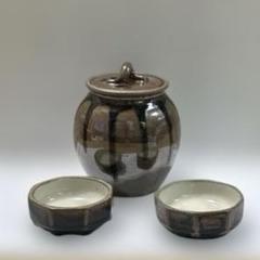 402 丹波篠山 立杭焼 蓋付き壺 & 八角小皿セット (新品未使用)