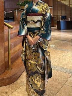古典カーキー振袖 フルセット、刺繍半襟、重ね衿、縮麺帯揚げ