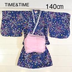 TIME&TIME 浴衣ドレス　140㎝ 女の子　ネイビー　花火柄　帯付き
