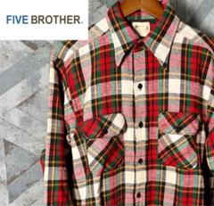 60s 70s ファイブブラザー 森タグ USA製 ネルシャツ　L 赤 白 黄 60's〜 Five Brother ファイブブラザー ネルシャツ 森タグ