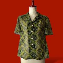 ◎黄色×ネイビー 昭和レトロ小花柄 半袖開襟ブラウス シアーシャツvintage