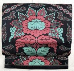 【上品】 花柄 名古屋帯 超美品】大正ロマン 普段帯 黒 アンティーク 着物・浴衣