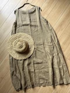 無印　無印良品　MUJI リネン　麻　100% ベージュ　ワンピース　ノースリ