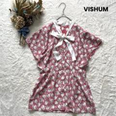 VISHUM ボウタイ付き総柄ブラウス レトロ ヴィンテージ チューリップ柄