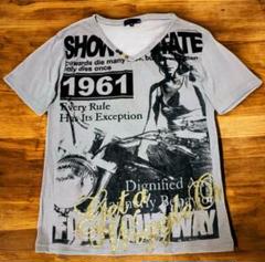 y2k セクシーガール　バイク　ゴールド　ラメ　バイカー　英字　半袖　tシャツ