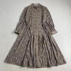 ヴィンテージ　ロングワンピース　ボウタイ　花柄　プリーツ　金ボタン　レトロ
