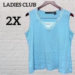 LADIES CLUB 【2X】水色 ノースリーブ レース装飾 Vネック