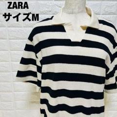 ZARA 黒と白のストライプ 半袖ポロシャツ M トップス カジュアル【68】