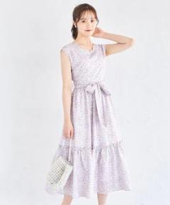 りぼん付きリネンライクフラワープリントスカラップティアードワンピース　tocco
