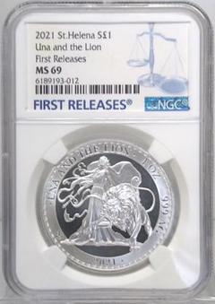 2021 セントヘレナ ウナとライオン 1oz £1 銀貨 NGC MS69② 2021年 セントヘレナ ウナとライオン マスターピース | Antique