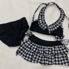 水着　女の子　セパレート　100 黒白チェック　リボン