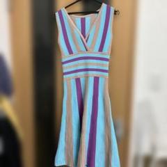 手作りノースリーブひざ丈したワンピース 青紫ストライプ