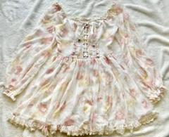 00s 希少LIZLISA系 花柄シフォンワンピース 段フリルレース姫袖 ローズ 送料無料□2000sリズリサlizlisa□花柄お姫様ワンピース姫ギャル