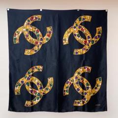 VINTAGE CHANEL 大判シルクスカーフ ココマーク グリポア ブラック