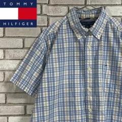 人気 古着 トミーヒルフィガー 半袖BDシャツ ブルーチェック柄 ロゴ刺繍M