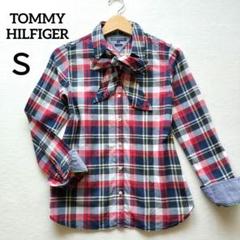 トミーヒルフィガーTOMMY HILFIGER　ボウタイブラウスチェック柄紺赤Ｓ