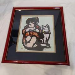 特価❕美品✨️赤の木枠 額付き❕絵画 和風 アート 子供と犬