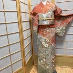 ［3130］訪問着 美品 扇面椿文様 金通し地 逸品 正絹 着物 袷