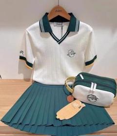 Malbon ゴルフウェアセット：グリーンのトップスとスカート ✨完売！状態良好 Malbon ゴルフウェアセット：グリーンのトップスとスカート